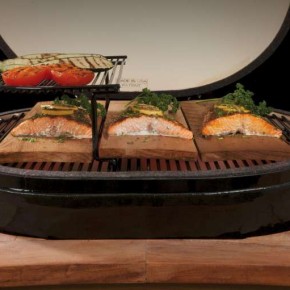 Salmon grilling on a Primo Ceramic Grill