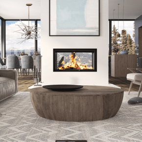 Wood Fireplace LUXUS® 40 See-thru by Ambiance® in a splendid living room with a view - We Love Fire®