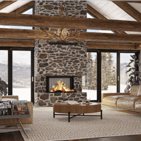 Wood Fireplace LUXUS® 32 Bay by Ambiance® in a splendid living room with a view - We Love Fire®