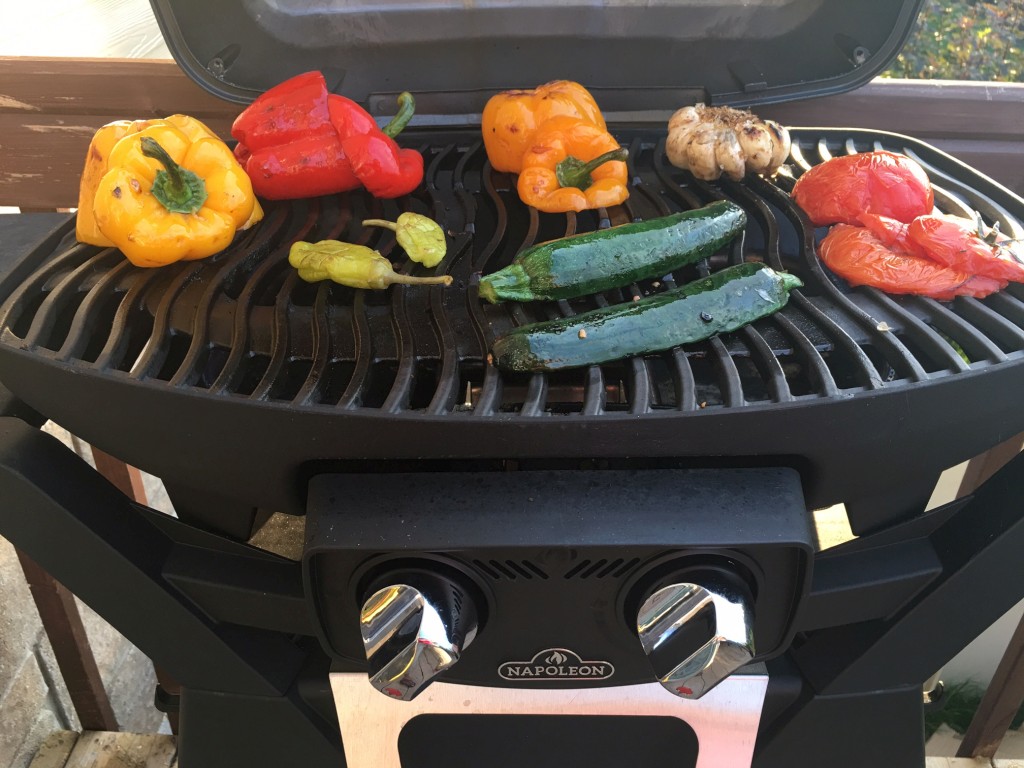 Vegetables (peppers, garlic, tomatoes, zucchinis) on a Napoleon grill