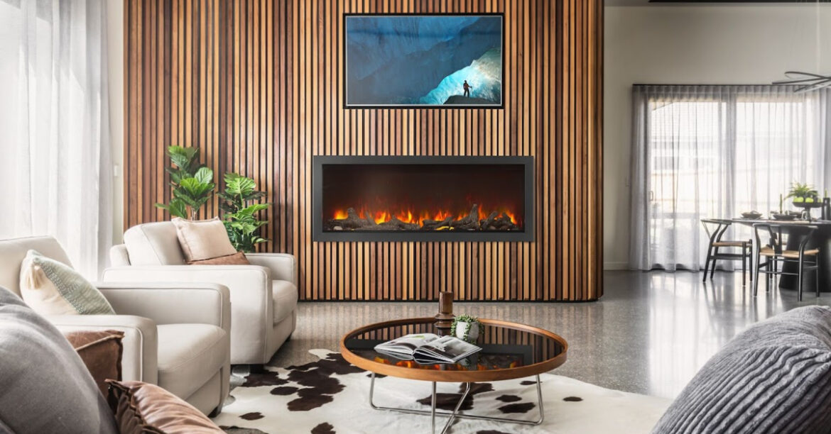 An electric fireplace in a cozy living room highlights the point that electric fireplaces can be an alternative for people with health issues