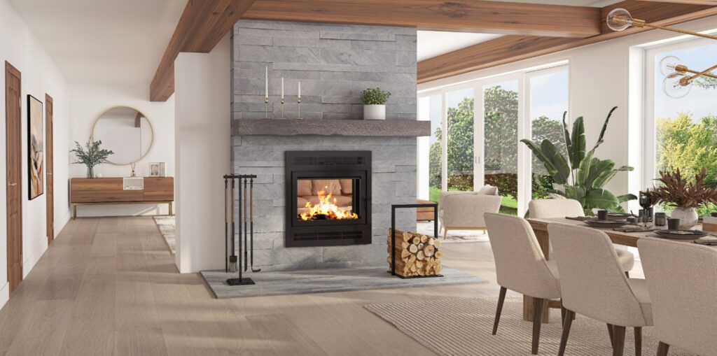 A see-thru wood fireplace in a modern dining room