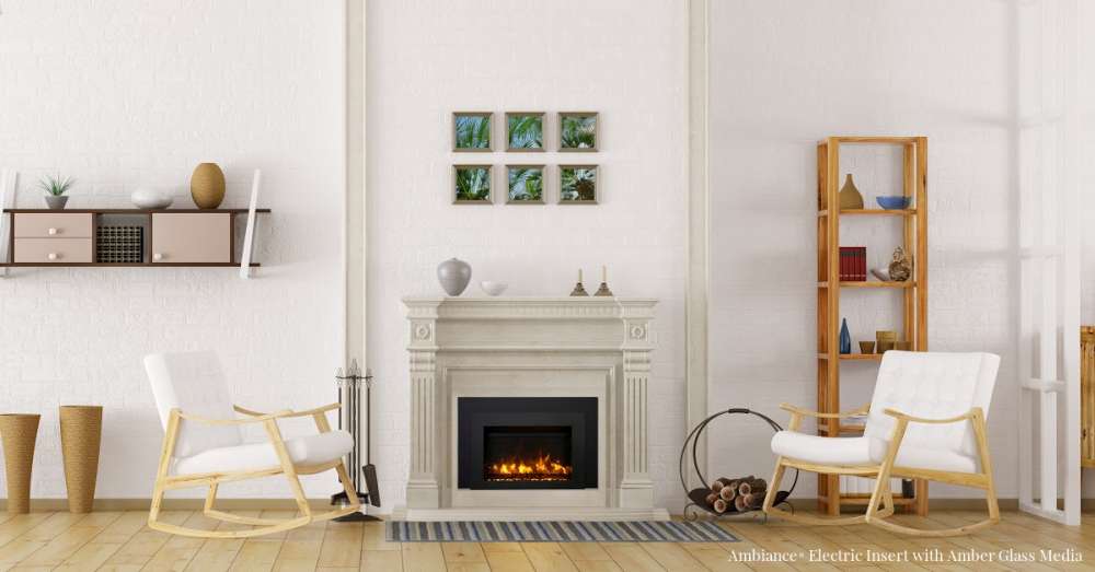 Ambiance® AMB-INS-30 with beige concrete mantel in a white room. Are fireplace inserts worth it?