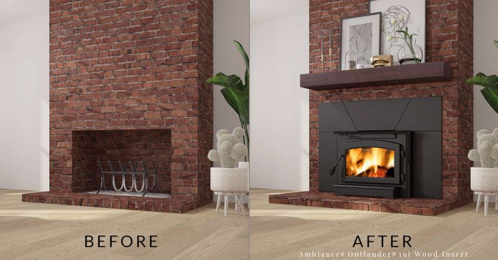 Before and after Old red brick fireplace to new Ambiance® Outlander® 19i woodburning insert with non-combustible mantel. Are fireplace inserts worth it?