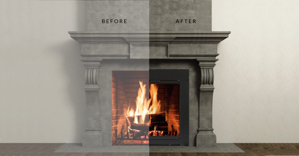 Before and after, fireplace without and with Design Specialties doors. Should I add doors to my fireplace? Why fireplaces doors?
