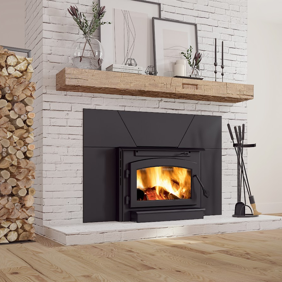 Ambiance Non combustible fireplace mantel, Golden Hewn mortised beam over Ambiance Outlander 19i woodburning insert in brick chimney. Trendy products