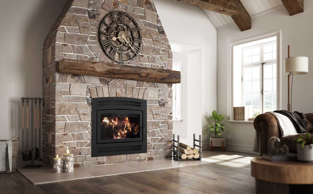 Elegance wood burning fireplace with live edge timber non combustible mantel