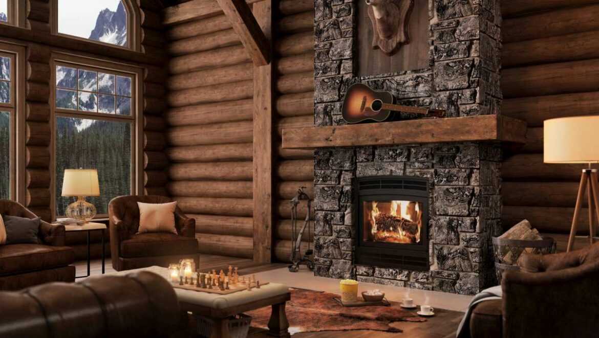 Ambiance wood burning fireplace Elegance 42 Rustic Arched Door with louvers in rustic wooden cottage.