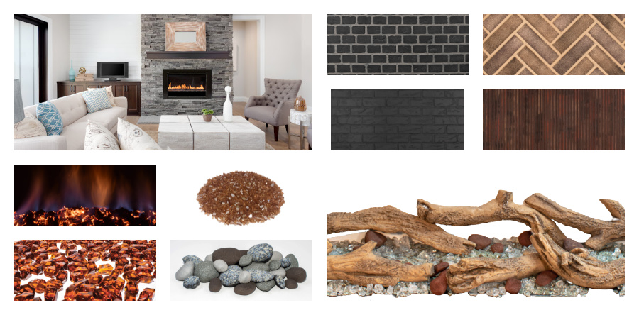 HOW TO UPDATE AND MODERNIZE A GAS FIREPLACE brick background glass media, rocks and driftwood