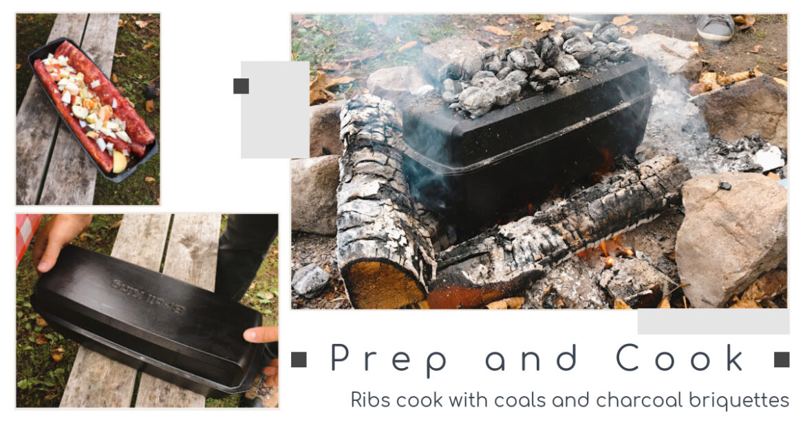 Ribs cook with coals and charcoal briquettes