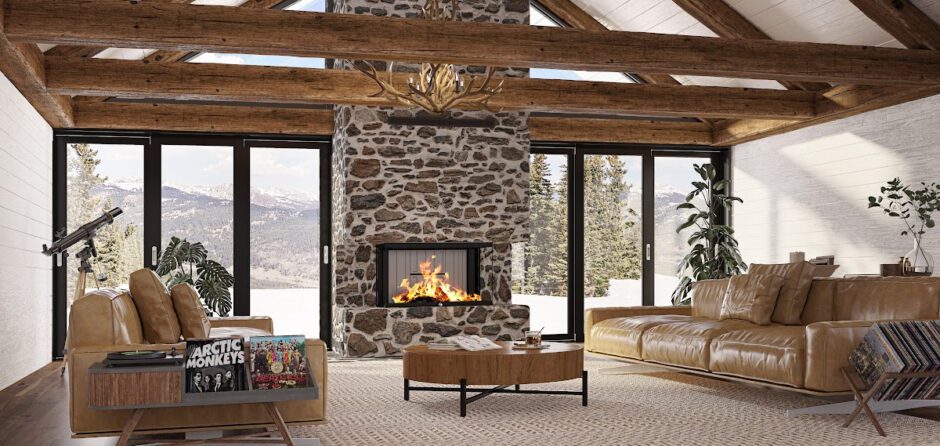 An Ambiance® Luxus brand fireplace burning in the living room of a mountain cabin in the winter