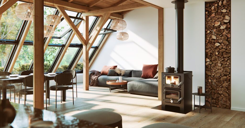 A certtified wood cookstove in a living room