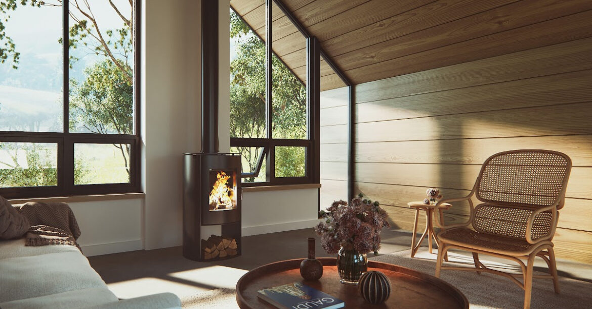 A woodstove in a living room