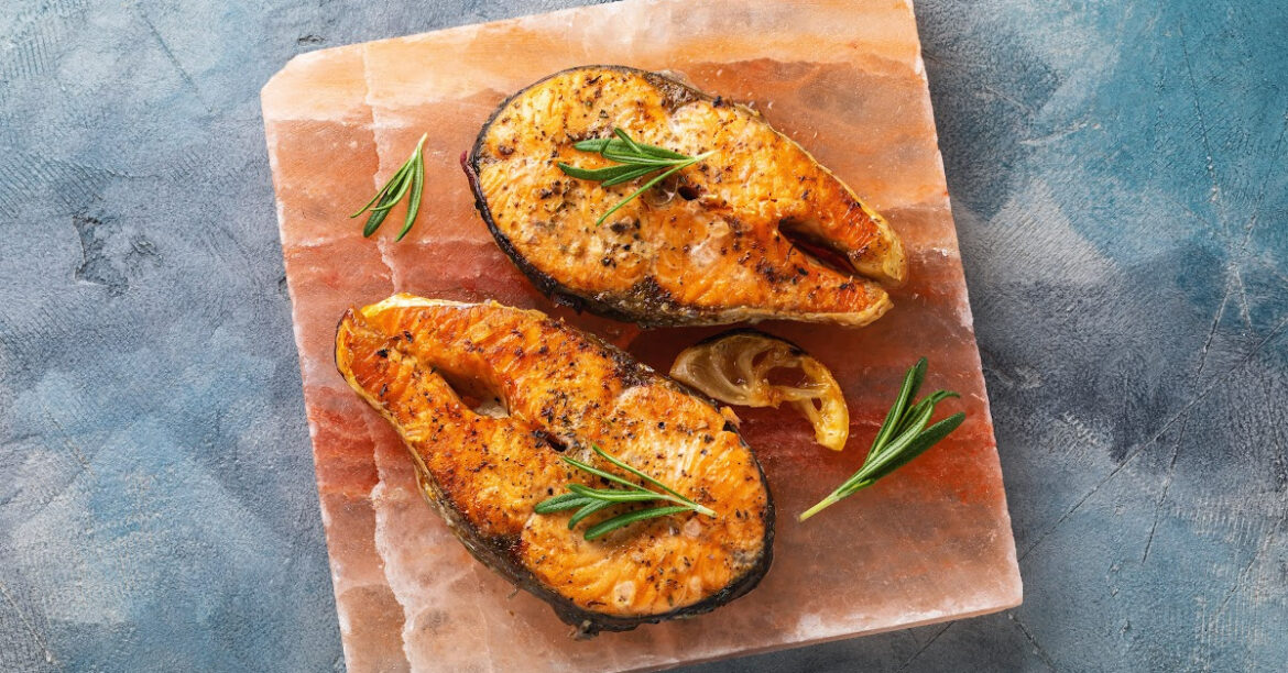 2 pieces of delicious salmon a himalayan salt plank