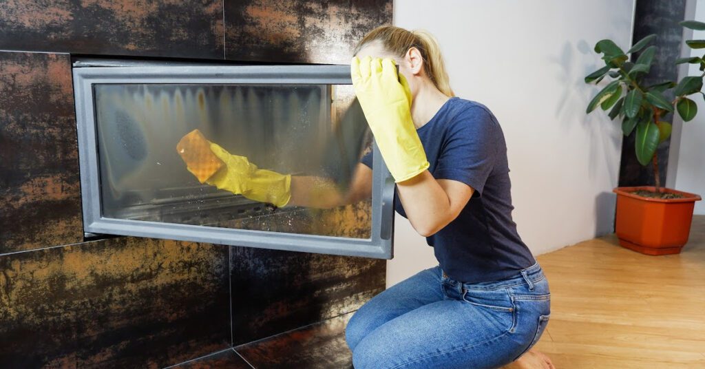 A woman is cleaning a fireplace glass
