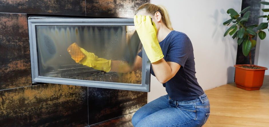 A woman is cleaning a fireplace glass