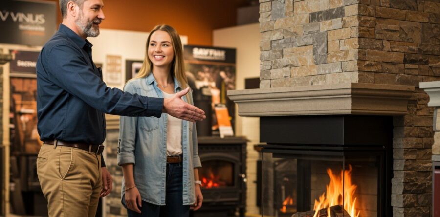 A salesman showing a woman a fireplace with stone mantel and brick surround in a specialty store