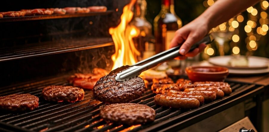 Hand flipping a burger patty with tongs over an open-flame BBQ grill, surrounded by sausages