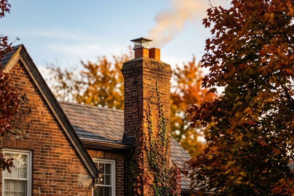 Old brick chimney with ivy and smoke, on a house with autumn trees — a candidate for professional repair.