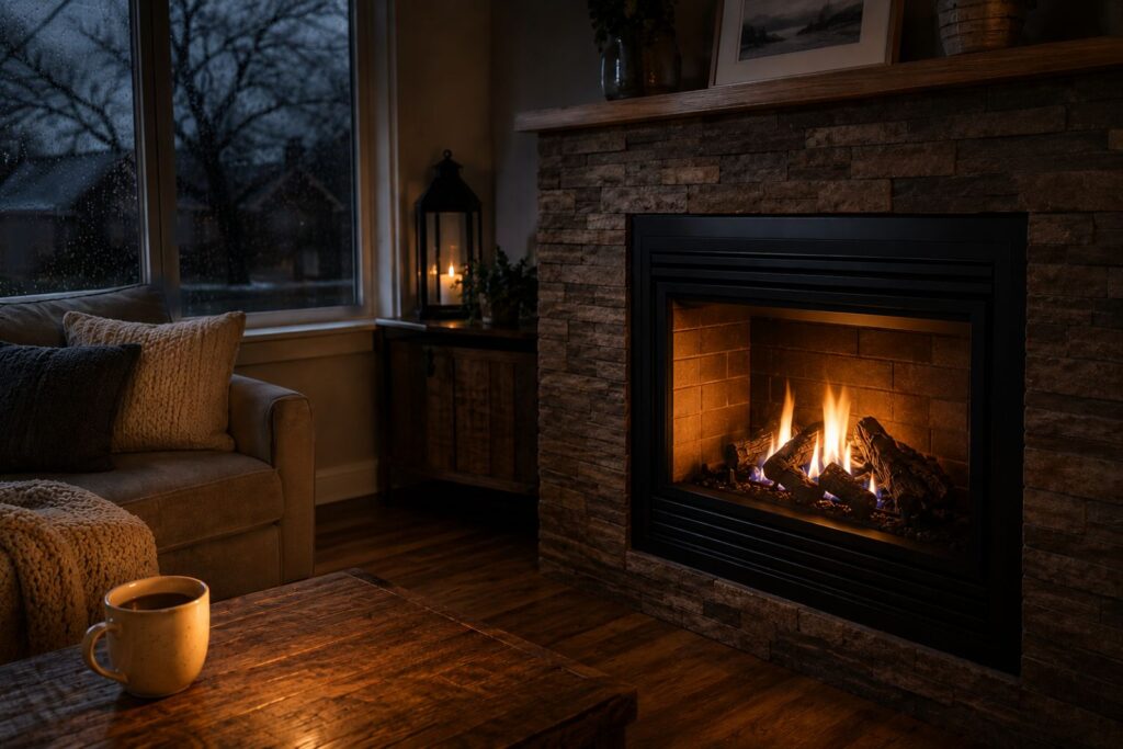 Stone-surround gas fireplace burning during a rainy power outage, keeping a cozy living room warm without electricity.