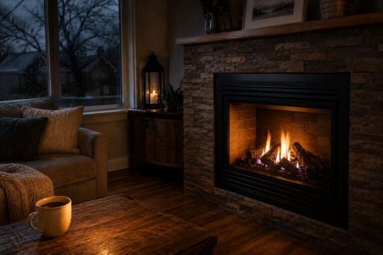 Stone-surround gas fireplace burning during a rainy power outage, keeping a cozy living room warm without electricity.