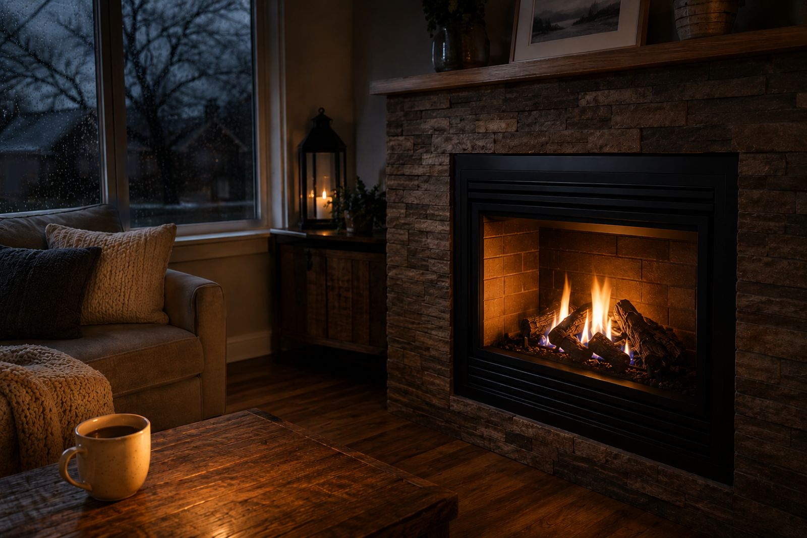 Stone-surround gas fireplace burning during a rainy power outage, keeping a cozy living room warm without electricity.